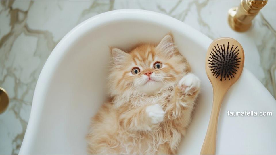 Setelah grooming, anak kucing ini terlihat lebih rileks dan bersih. Grooming kucing sebaiknya dilakukan sejak kecil agar terbiasa.