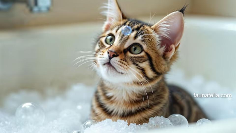 Kucing yang sedang mandi di dalam bak oleh jasa grooming kucing terdekat.