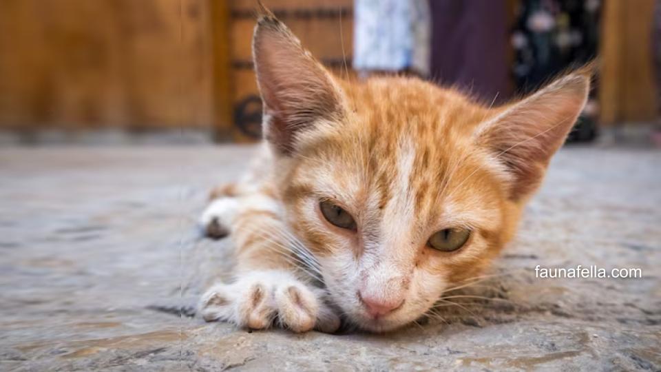 Anak kucing yang terkena jamur dan merasa terganggu. Jamur pada kucing bisa membuat kucing tidak nyaman dan bahkan sakit.