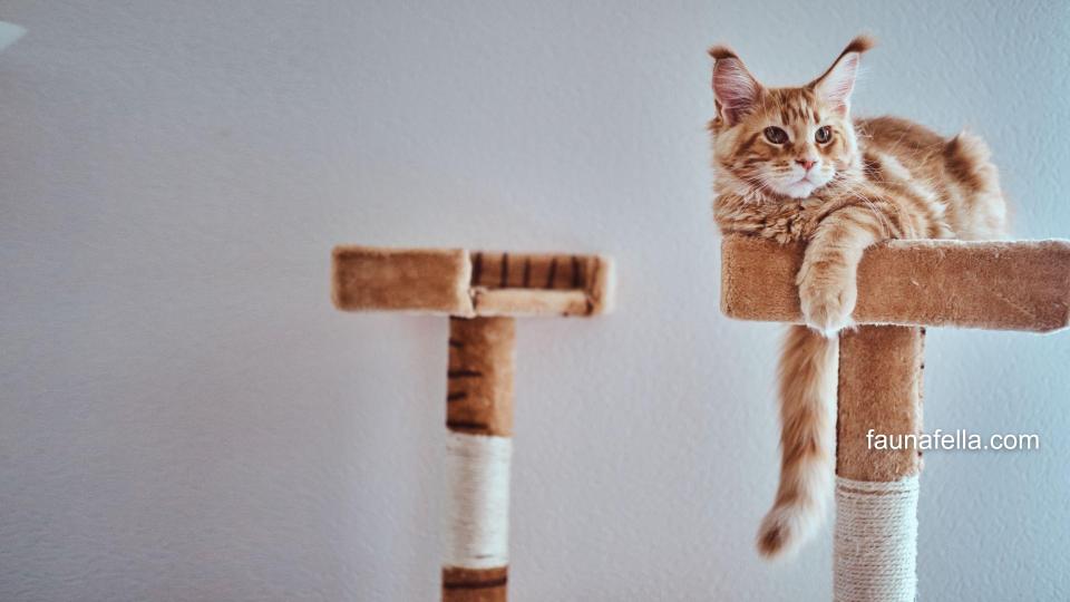 Kucing oren yang sedang berada di atas cat tree sambil mengawasi sekitar.