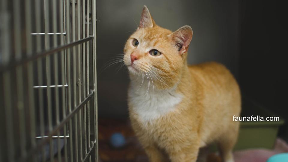 Kucing yang berdiri di sebelah kandang dalam kondisi tenang pasca melakukan steril kucing.