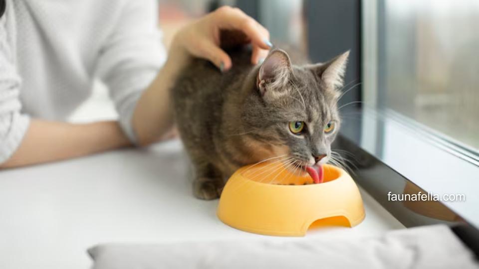 Kucing yang sedang menikmati makanan ditemani pemiliknya. Makanan kucing yang bagus penting agar kucing lebih dekat dengan pemilik.