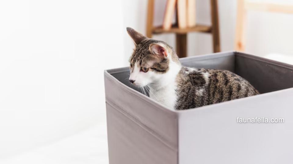 Kucing yang menggunakan box berisi pasir kucing wangi.